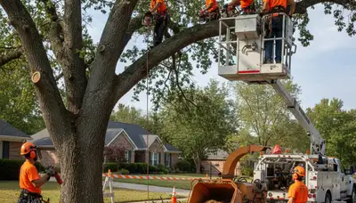 Emergency tree service crew in Philadelphia, PA removing a storm-damaged tree safely