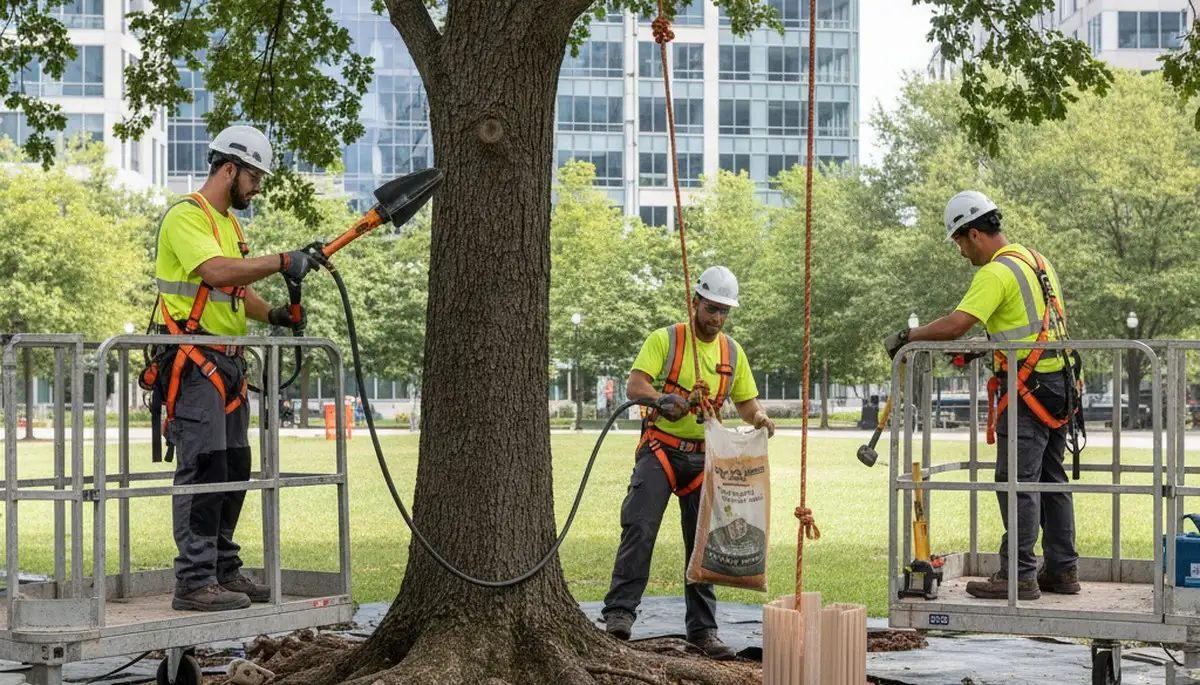 Philadelphia, PA arborist applying root protection for healthy tree care on a residential property