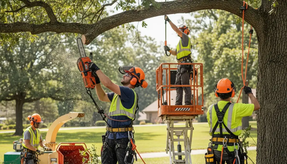 Tree service crew pruning a tree in Philadelphia, PA for safe, healthy growth