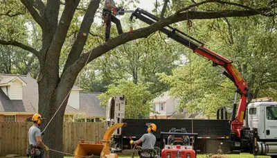Philadelphia tree removal crew safely removes a hazardous tree from a residential property