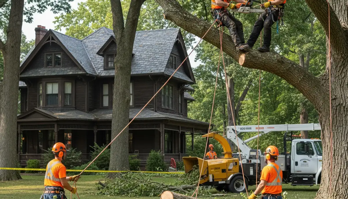 Philadelphia, PA tree service crew removing a large tree for safe residential property clearing