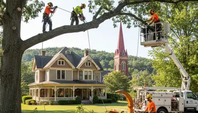 Tree service crew removing a tree in Philadelphia, PA for safe residential property protection