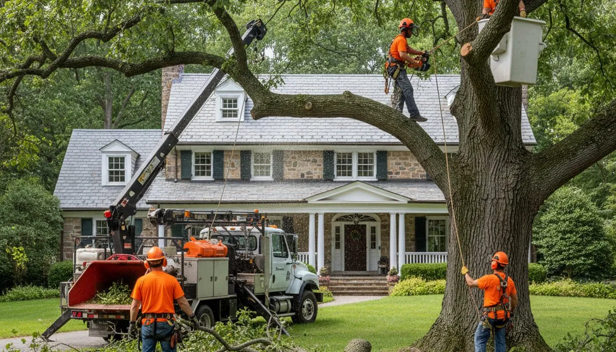 Tree service crew removing a tree in Philadelphia, PA for safe residential property clearance