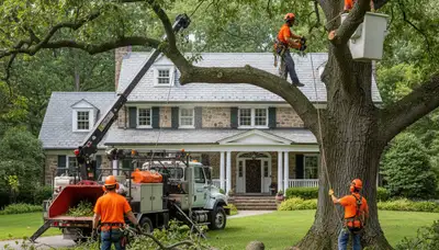 Tree service crew removing a tree in Philadelphia, PA for safe residential property clearance