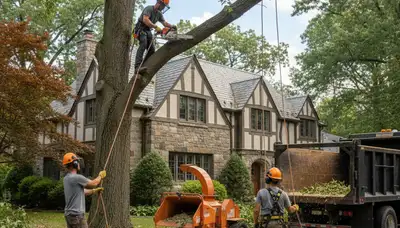 Tree service crew in Philadelphia, PA handling safe tree removal for a residential property