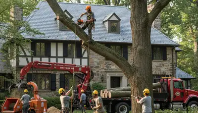 Tree service crew in Philadelphia, PA handling safe tree removal for a local property